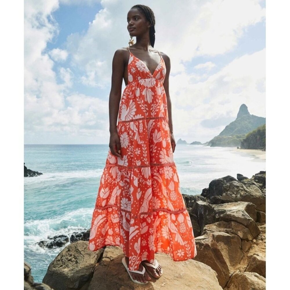 🍊 NEW Farm Rio Orange Neon Jungle Maxi Dress XL